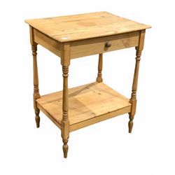 Pine side table, with faux drawer and turned supports united by under tier 