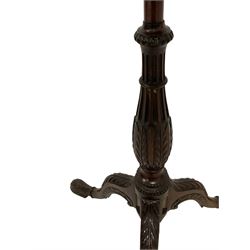 Georgian III design mahogany tripod wine table, circular dished and moulded top on turned fluted column carved with foliage, three splayed acanthus carved supports with laurel leaf carved feet