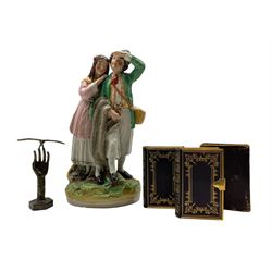 Early Victorian Common Prayer and Holy Bible in leather tooled bindings, each clasp inscribed Ann Sabina Laycock, the Gift of Her Father', large Staffordshire figure, studio bronze model of a hand and bird signed N. Campbell