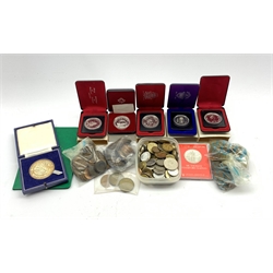  Five individually cased Canadian dollar coins dated 1974, 1975, 1976, 1977 and 1979, 'The Wattie Painting Merit Award' hallmarked silver medallion in case with booklet, mixed world coins, pre-decimal coins etc  