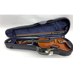 Violin with two piece back, length of back 37cm together with a bow marked Erich Steiner