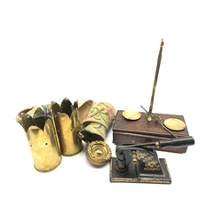 Pair of 19th century travelling balance scales on mahogany stand, pair of Trench Art shell cases H17cm, letter stamp and a needlework panel