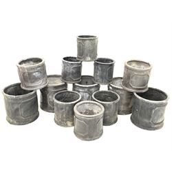 Thirteen cylindrical lead effect moulded poly garden planters, D32cm (Max)