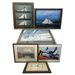 Three large framed maritime photographs together with three prints of Picasso, George Weatherill and another titled 'David Copperfield on his way to School' max 60cm x 80cm (6)