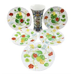 Set of five late Victorian Mintons plates decorated in relief with nasturtium, D23cm together with a 20th century Delft vase of octagonal form with polychrome decoration (6)