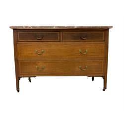 Edwardian inlaid mahogany washstand, rectangular marble top over two short and two long drawers with banded inlay, raised on square supports with brass and ceramic castors 