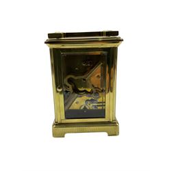 French - 19th century 8-day brass cased carriage clock,  going barrel movment with an alarm sounding on a bell, in a corniche case with an enamel dial, Roman numerals and alarm setting dial, cylinder platform escapement. With key.