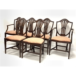  Set six (4+2) 19th century mahogany shield back dining chairs, having pierced and carved splats over drop in seat pads upholstered in pink silk, raised on square tapered and moulded supports, W55cm  