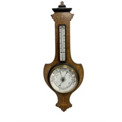 Edwardian mahogany inlaid aneroid barometer c1905 -  with a mercury thermometer recording the temperature in centigrade and Fahrenheit, register with gothic script recording barometric air pressure from 26 to 31 inches, steel indicating hand and brass recording hand.  
