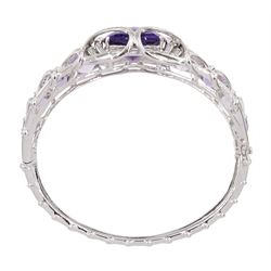 18ct white gold amethyst and diamond suite, comprising necklace, pair of pendant stud earrings and bracelet and ring, each with pear cut amethysts and round brilliant cut diamonds, stamped 750 
