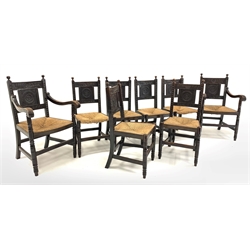  Set eight (6+2) early 20th century dark oak dining chairs, ball finials over floral carved back panels, string seats raised on ring turned front supports with stretchers, W58cm (Max)  