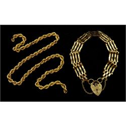 Gold four bar gate bracelet, with heart lock clasp and a rope twist chain necklace, both 9ct