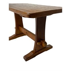 Acornman - rectangular adzed oak coffee table, shaped supports on sledge feet joined by pegged stretcher, by Alan Grainger of Brandsby, York