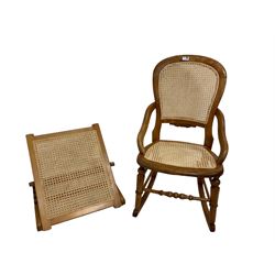  Victorian beech and canework rocking chair (W50cm D65cm H86cm); and an adjustable back-rest with canework panel (W52cm H60cm)