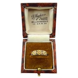 Victorian 18ct gold mourning ring, three split pearls and black enamel decoration, the inner shank inscribed 'H.M. March 14. 1893', stamped and boxed