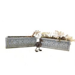 Pair of lead effect trough shaped planters, (W51cm) together with a small garden ornament