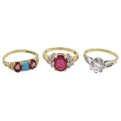 Gold oval ruby and cubic zirconia cluster ring, single stone cubic zirconia ring and a three stone turquoise and garnet ring, all hallmarked 9ct
