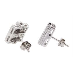 Pair of 14ct white gold baguette and round brilliant cut diamond stud earrings, hallmarked