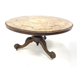  19th century walnut marquetry centre table, top with floral boxwood and ebonised inlay and acanthus scroll carved edge, raised on baluster turned column and triple splay supports, raised on castors, D141cm, H73cm  