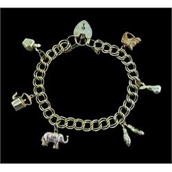 Gold double link curb bracelet with six gold charms including horses head, pear, apple, boxing gloves, woolly mammoth and kettle, all 9ct hallmarked or tested, approx 18.35gm