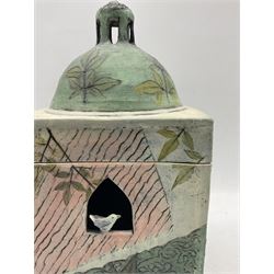 Catherine Brennon  'Searching For Solace' ceramic Dream Box, with pierced windows and finial, signed and titled H29cm