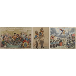 Charles Williams (British ?-1830): 'Caterer's - Boney Dish'd', hand-coloured etching pub. S Knight, 1813; Attrib. Charles Williams: 'The Battle of Pul-Tusk', hand-coloured etching pub. 1807, inscribed in pencil in the margin; Robert Dighton Jr (British 1786-1865): Captain Robert Christopher Packe and Lieutenant George Augustus Fenwick of the Royal Horse Guards (Packe was killed at Waterloo), hand-coloured etching pub. 1805, max 33cm x 39cm (3) 
Provenance: all purchased by the vendor from Storey's, Cecil Court, London