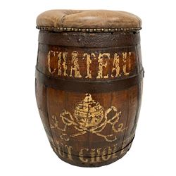 19th century oak and wrought metal coopered barrel stool, buttoned leather upholstered seat, painted inscription 'Chateau Haut Cholet'
