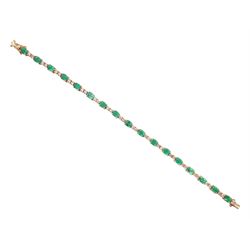 18ct rose gold oval emerald and round brilliant cut diamond bracelet, stamped 18K, total emerald weight approx 5.00 carat, total diamond weight approx 1.75 carat