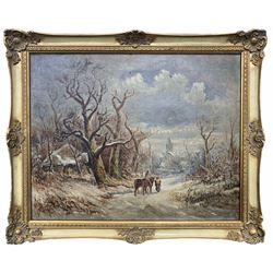 English School (19th century): Winter Landscape with Horses and Figures Walking Towards Town, oil on canvas signed with initials JB dated 1844, 40cm x 50cm