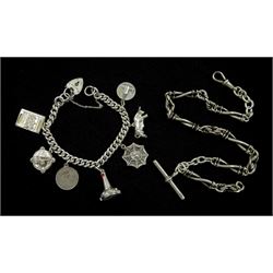 Silver charm bracelet charms including lighthouse, spider's web, passport and bull and a silver Victorian fancy link Albert watch chain, each link hallmarked