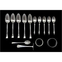 Five silver grapefruit spoons Sheffield 1964, five 'apostle' coffee spoons, two silver serviette rings etc 8.5oz