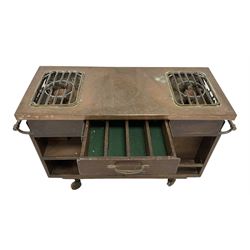 Early 20th century two-burner gas range, rectangular copper top, fitted with single drawer and shelves, on castors