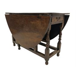 18th century oak drop-leaf dining table, oval top over gate-leg action, fitted with single drawer, raised on turned supports united by stretchers