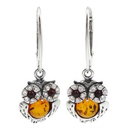 Pair of silver amber and cubic zirconia owl pendant earrings, stamped 925 
