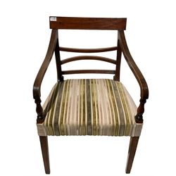 Regency mahogany inlaid armchair, with reeded arms over upholstered seat