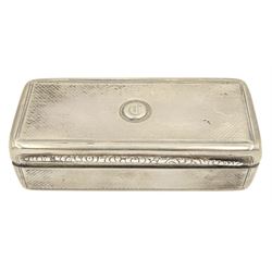 William IV silver rectangular snuff box with engine turning and initial 'D' with gilded interior 10cm x 4.5cm London 1833 Maker Edward Edwards II 4.2oz 