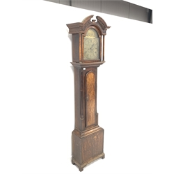 George III oak and mahogany banded longcase clock, broken arch hood over floral incised frieze and plain pilasters, brass dial with Roman and Arabic chapter ring, inscribed 'Edm Whitehead, Whetherby' eight day movement with pendulum and one weight