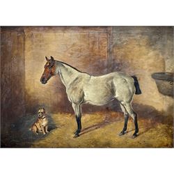 Circle of Edwin Frederick Holt (British 1864-1897): A Gentleman's Hunter Strawberry Roan Horse in Stable with Terrier, oil on canvas unsigned 44cm x 58cm