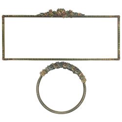 Early 20th century Barbola style circular wall mirror, bevelled plate with moulded pansy decoration (D46cm); and another similar in rectangular form (77cm x 35cm) (2)