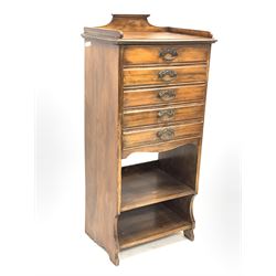 Edwardian walnut sheet music cabinet fitted with five drawers and two open shelves, W50cm