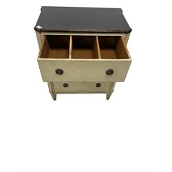 Georgian design painted chest, rectangular top over three drawers flanked by canted and fluted corners, raised on square tapering supports