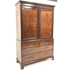  George III mahogany linen press, with projecting cornice over panelled doors enclosing five graduating oak slides, two short and two long drawers under, raised on shaped bracket feet, W126cm, H202cm, D56cm  
