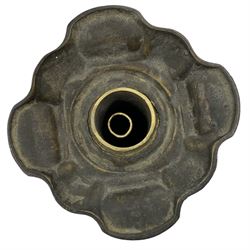 17th centruy turned bronze candlestick, with detachable sconce, baluster stem and domed circular base having incised leaf decoration, fitted for electricity, H27.5cm 