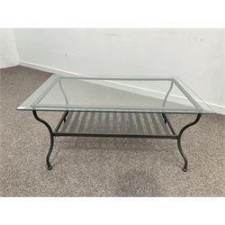 Contemporary aluminium garden coffee table, the plate glass top over slatted under tier 
