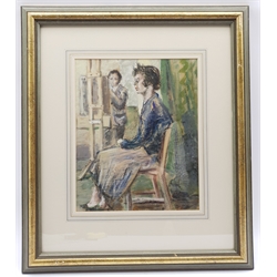 Willie Drecker (Early 20th century): 'Femme Parisienne', watercolour and ink heightened in white signed with initial W and dated '23, titled and attributed on label verso 30cm x 25cm