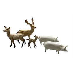 Beswick model of a Stag No981, Doe No999A, Fawn second version No1000B, white Boar No1453A and Sow No1452A (5)