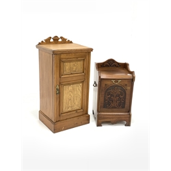 Edwardian pine bedside cupboard, raised shaped back over single panelled door enclosing fixed shelf, skirted base (W42cm, H85cm, D36cm) together with an Edwardian walnut fall front purdonium, with incised floral decoration (W36cm)
