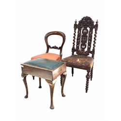 Victorian carved oak high back chair, balloon back chair and music stool with storage compartment 