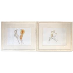 Karen Lorenz (British contemporary): 'Impulse' and 'To Reciprocate' pair figure drawings with watercolour signed and dated 2010, 20cm x 28cm (2)