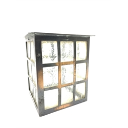 Arts & Crafts style anodised copper framed porch lantern of square form with dimpled glass panels, H21cm x W16cm